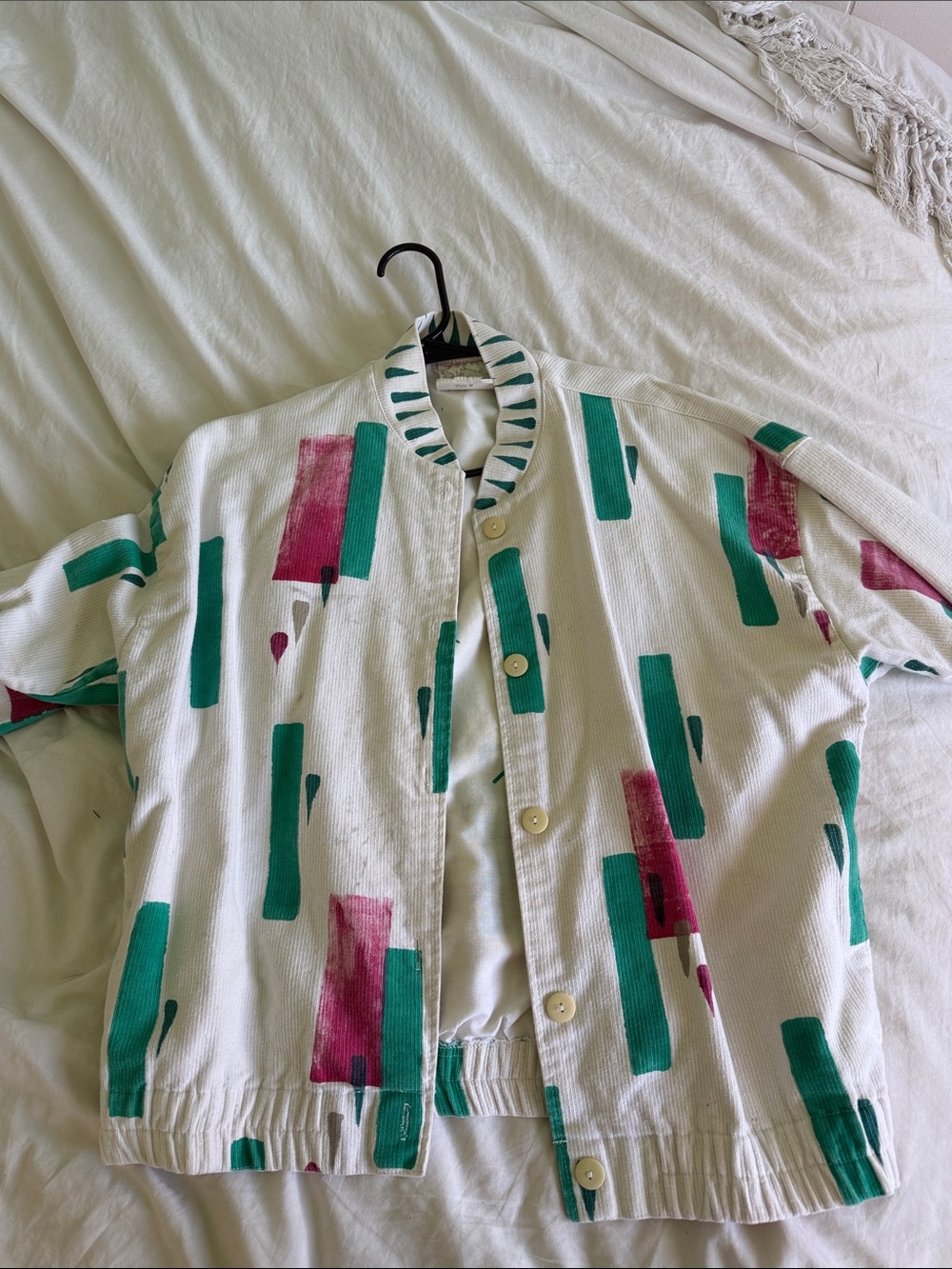 White Button-Up Jacket with Teal and Magenta Abstract Print